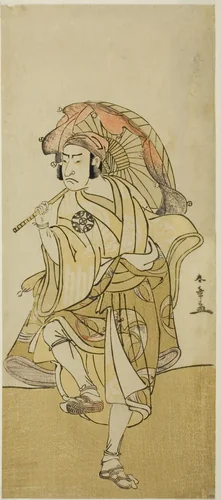 The Actor Nakamura Nakazo I as Onmaya Kisanda Disguised as the Lion Dancer Kakubei in the Play Chigo Torii Tobiiri Kitsune, Performed at the Ichimura Theater in the Eleventh Month, 1777 by Katsukawa Shunsho (勝川 春章), print, 1772-1782
