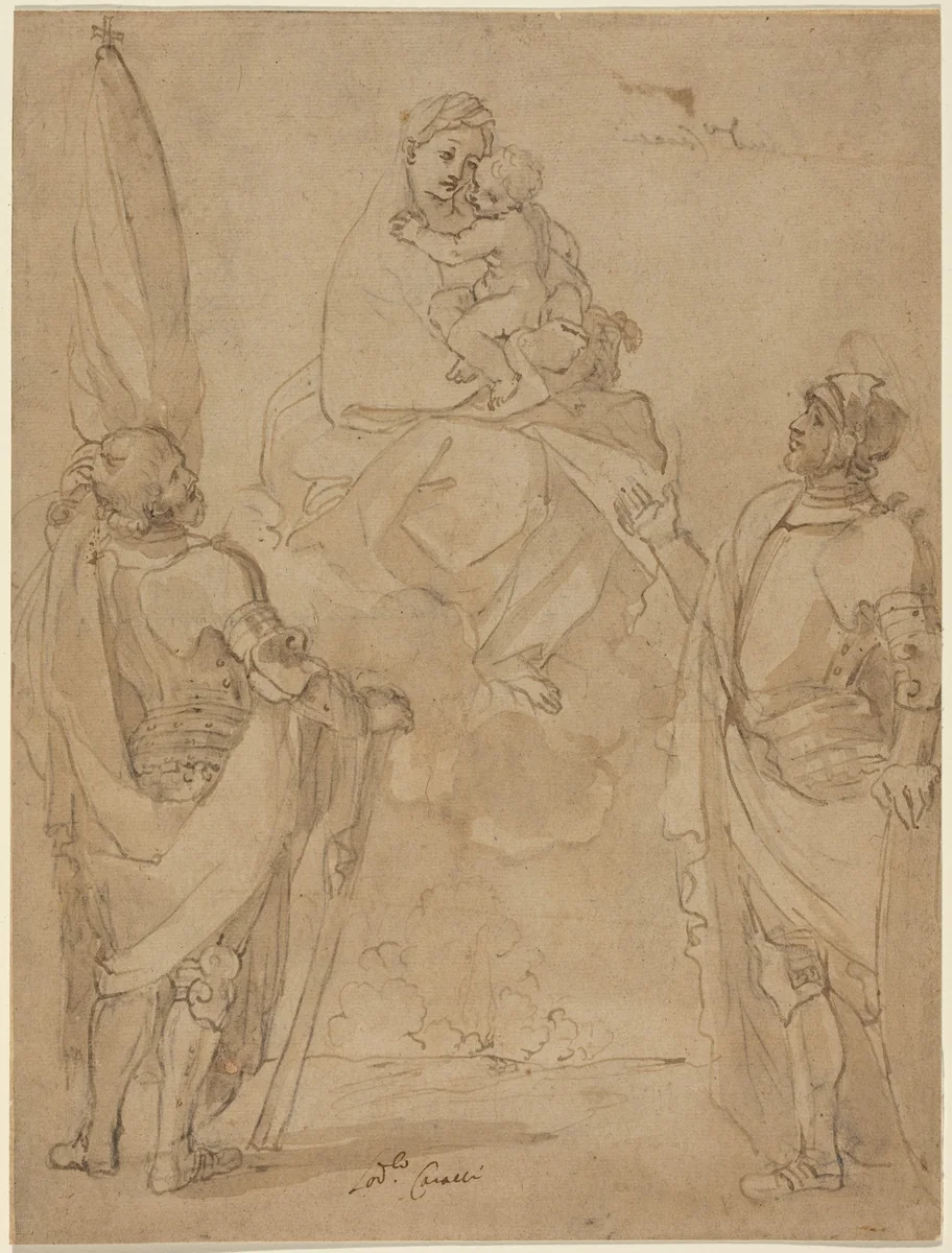 The Virgin and Child Appearing to Saints George and William by Lodovico Carracci, drawing, 1555-1619