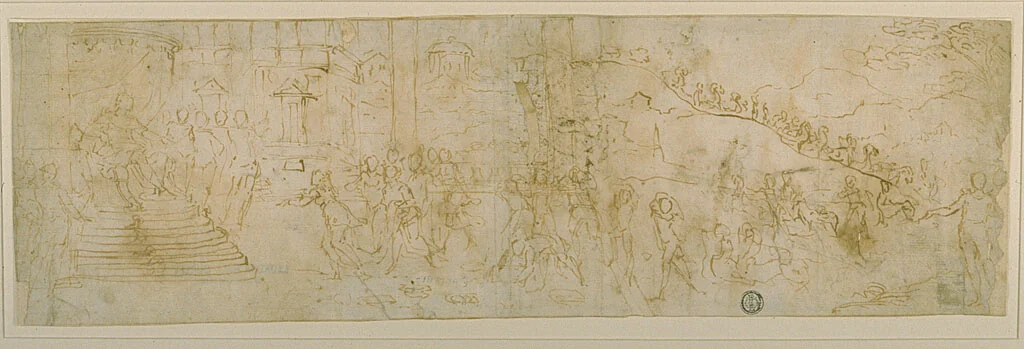 Solomon and the Queen of Sheba (recto); Sketch of the Queen of Sheba (verso) by Bernardo Castello, drawing, 1590-1599