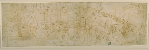 Solomon and the Queen of Sheba (recto); Sketch of the Queen of Sheba (verso) by Bernardo Castello, drawing, 1590-1599