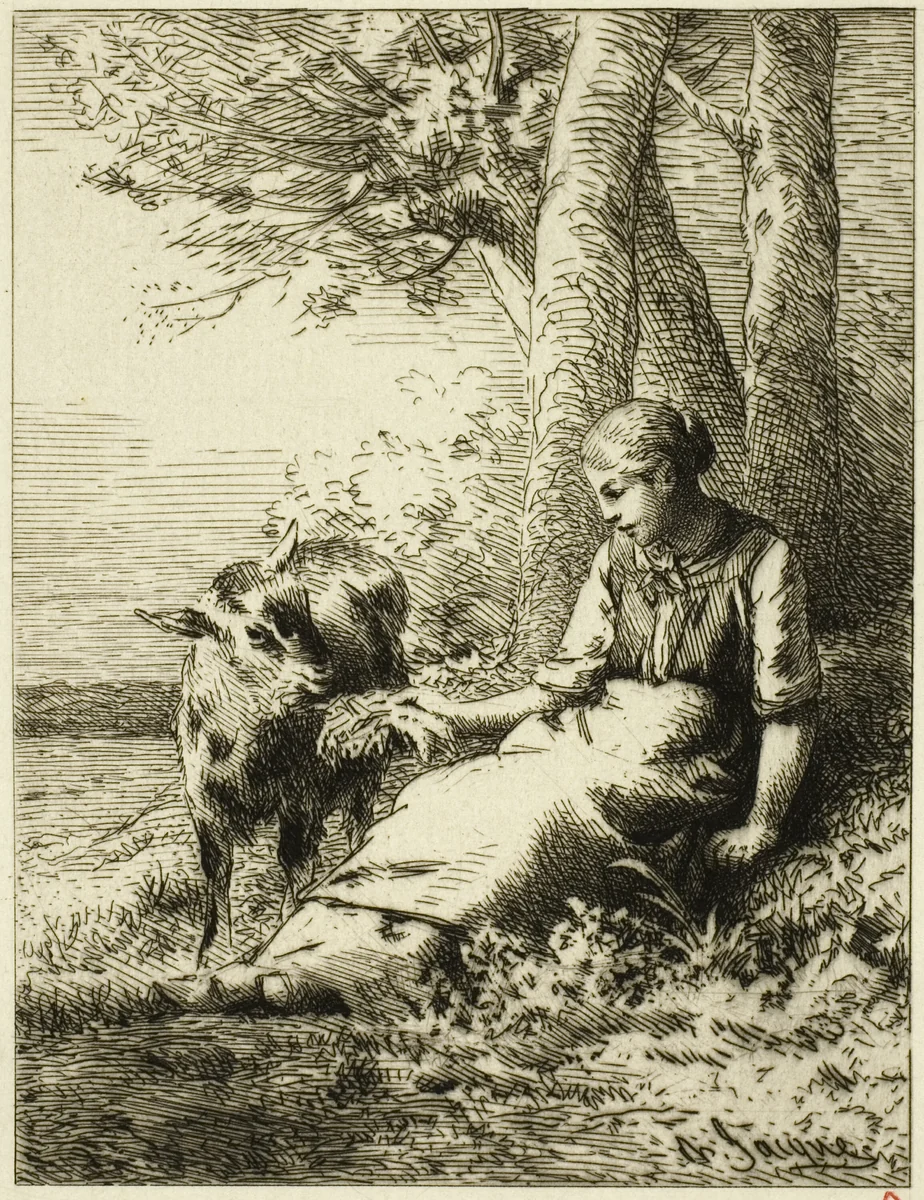 Shepherd with Flock of Sheep at Edge of Wood by Charles-Émile Jacque, print, 1833-1894