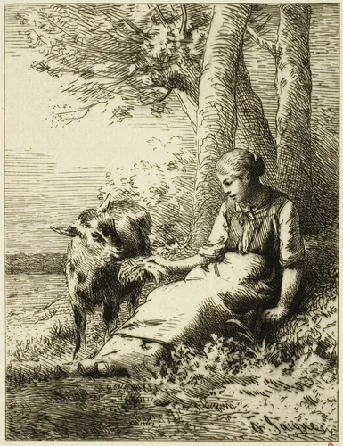 Shepherd with Flock of Sheep at Edge of Wood by Charles-Émile Jacque, print, 1833-1894