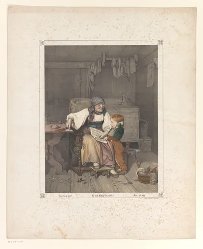 Vrouw geeft een jongen les by anonymous, print, 1825-1875