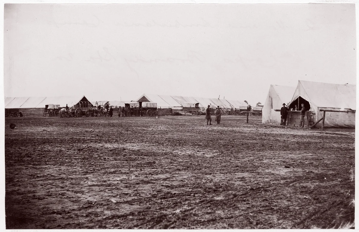 [Winter Quarters of Quartermaster's Department, 6th Army Corps, Near Hazel River, Virginia] by Timothy O'Sullivan, photograph, 1863-1864