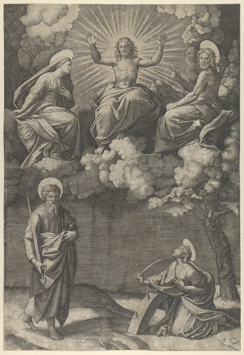Christ flanked by the Virgin and St. John in the upper section, St. Paul and St. Catherine below by Marcantonio Raimondi, print, 1500-1534