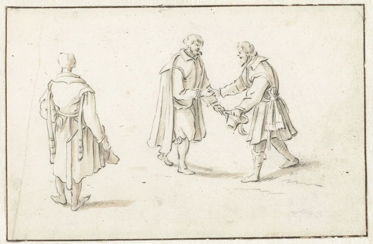 Staande man en twee mannen elkaar begroetend by Herman Saftleven, drawing, 1619-1685