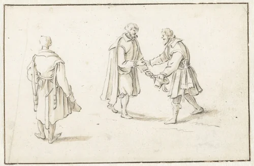 Staande man en twee mannen elkaar begroetend by Herman Saftleven, drawing, 1619-1685
