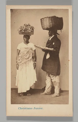 [Studio Portrait: Female and Male Street Vendors with Baskets on Head, Brazil] by Christiano Junior, photograph, 1864-1866