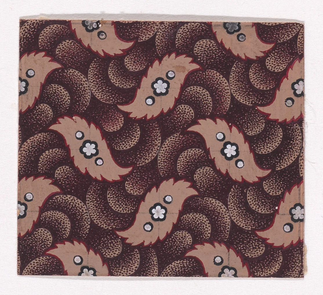 Textile Design with Alternating Rows of Stylized Leaves Decorated with Rosettes and Pearls Over a Pattern of Overlapping Scales by anonymous, drawing, 1840