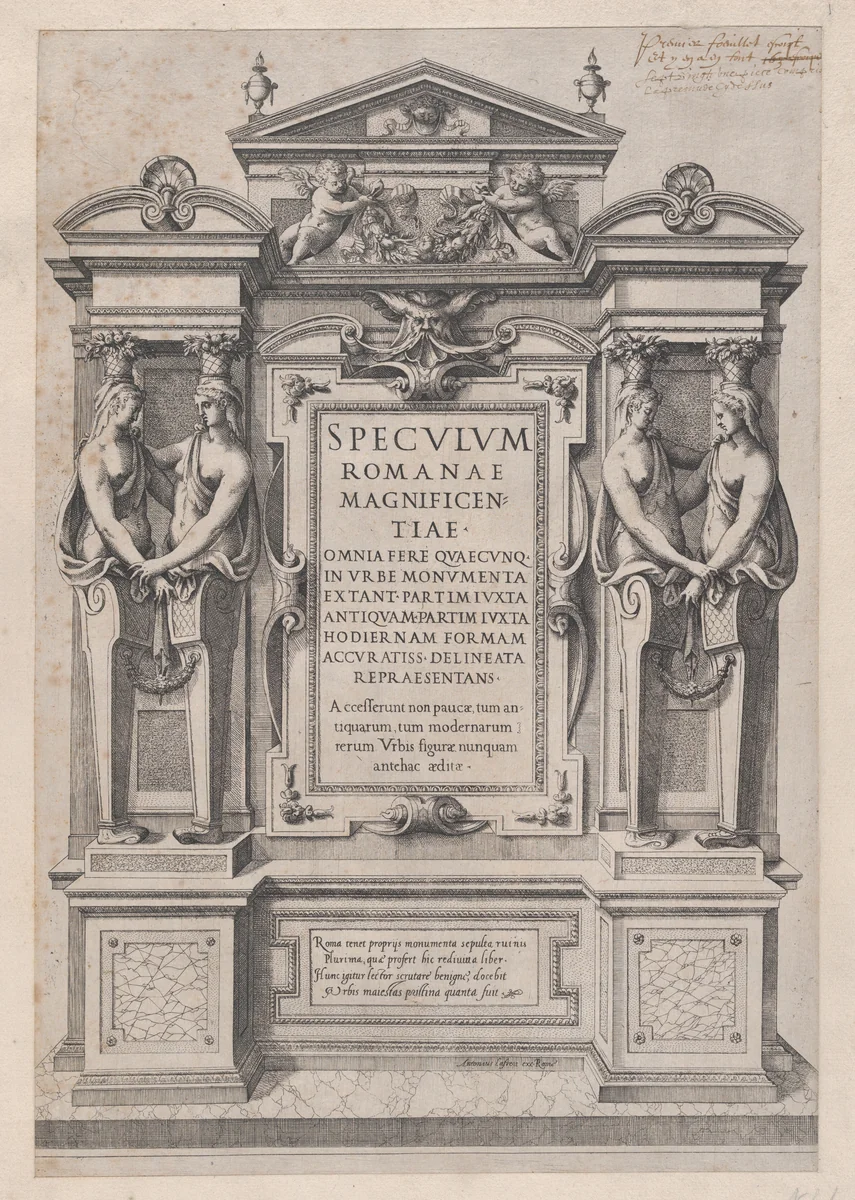Title page engraved within architectonic and sculptural border, from "Speculum Romanae Magnificentiae" by Etienne DuPérac, print, 1573-1577