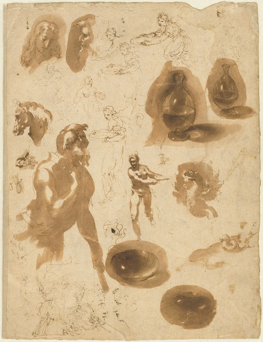 Studies of Glass Jars and Figures (recto) by Ambrogio Figino, drawing, 1581-1591
