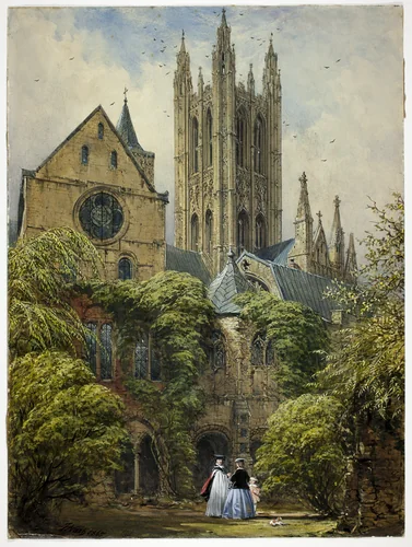 Professor, Woman, Child and Dog in Cathedral Close by Joseph Nash, painting, 1860-1865