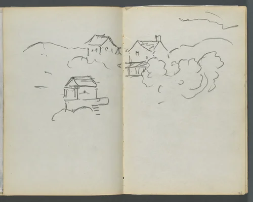 Sketchbook, The Dells, N° 127, page 126 & 127: Landscape with Houses by Maurice Prendergast, book, 1919-1921