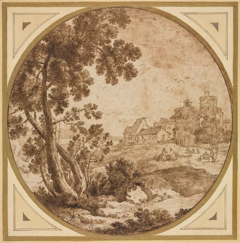 Landscape with Buildings and Figures by Onorio Marinari, drawing, 1650-1700