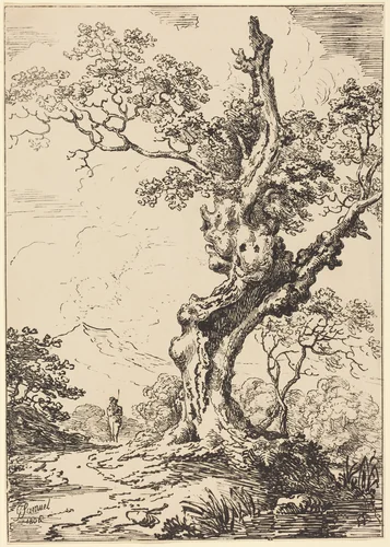 Study of an Old Oak Tree, Water on Right, a Man on Left by George Samuel, print, 1806