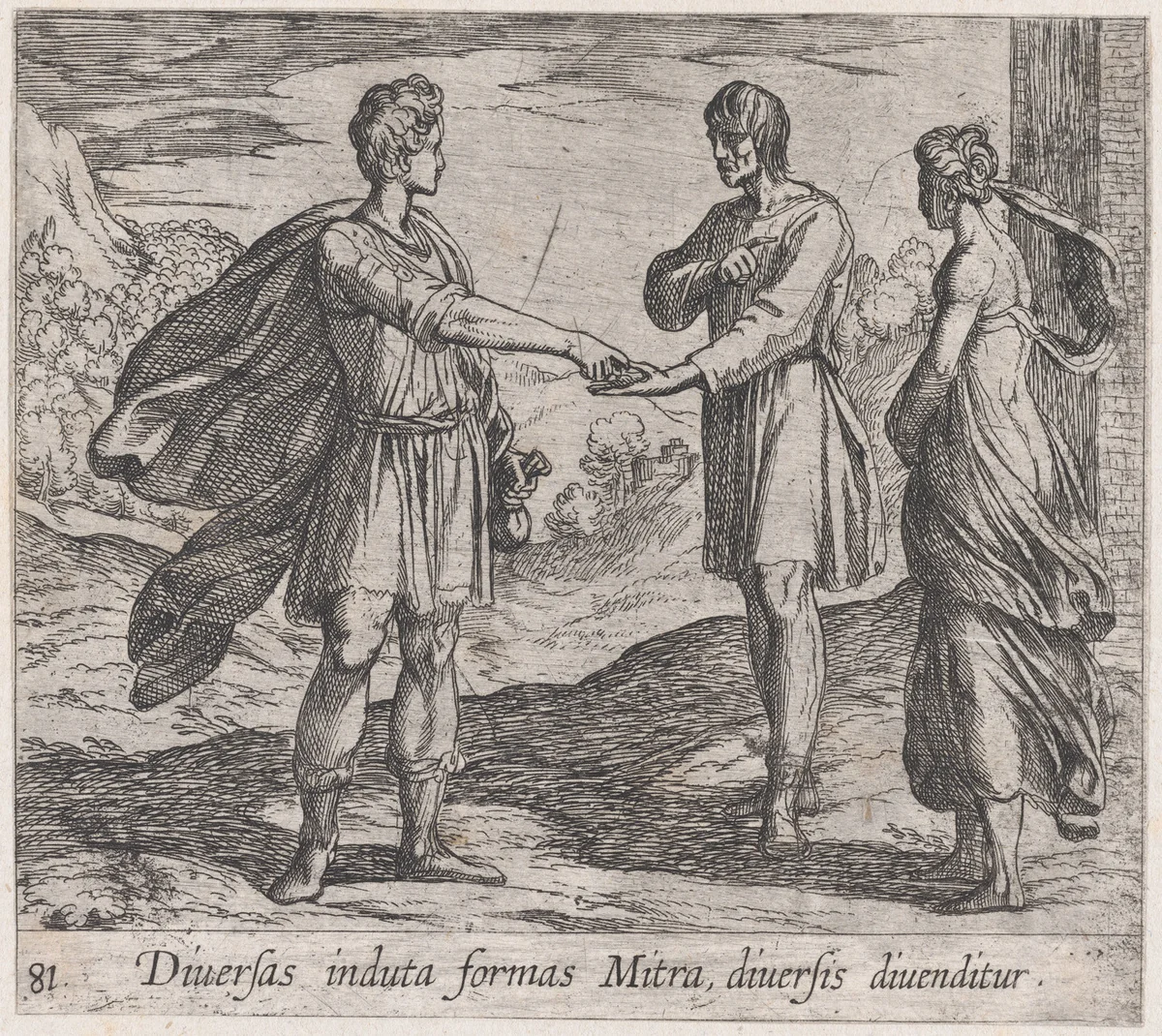 Plate 81: Erysichthon Selling his Daughter (Diversas induta Mitra diversis divenditur), from Ovid's 'Metamorphoses' by Antonio Tempesta, print, 1606