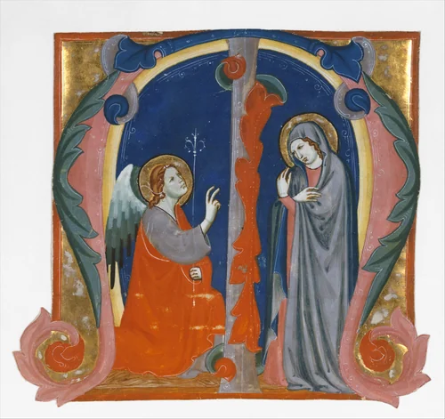Annunciation in an Initial M by Maestro Daddesco, manuscript, 1307-1318