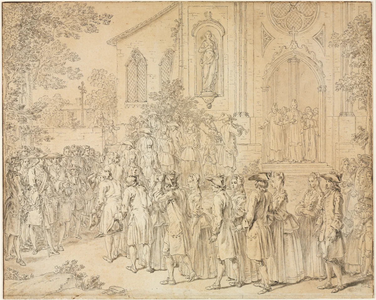 A Procession Entering a Church by Hubert François Bourguignon Gravelot, drawing, 1700-1799