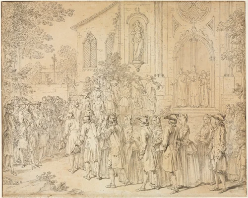 A Procession Entering a Church by Hubert François Bourguignon Gravelot, drawing, 1700-1799