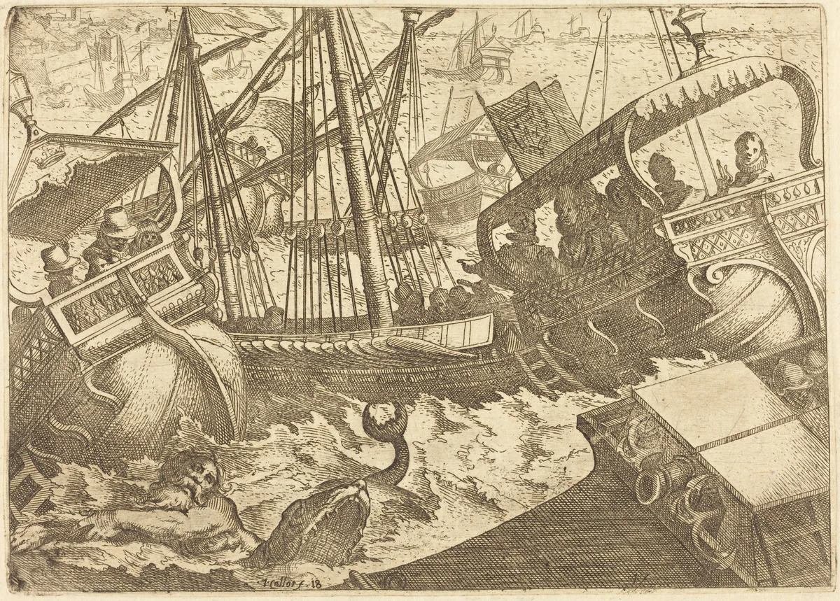 Storm off the Coast of Barcelona by Jacques Callot, print, 1612