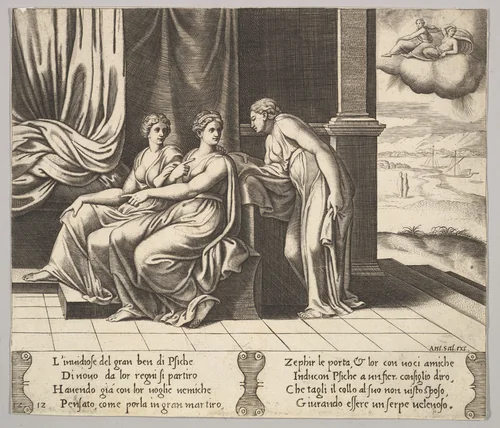Plate 12: Psyche's sisters persuade her a serpent is sleeping with her, from "The Fable of Cupid and Psyche" by Master of the Die, print, 1530-1560