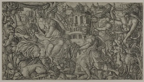 A King and Diana Receiving Huntsmen by Jean Duvet, print, 1543-1561