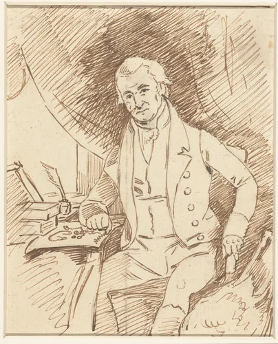 Portret van de natuurkundige Martinus van Marum, zittend aan een schrijftafel by anonymous, drawing, 1812-1813