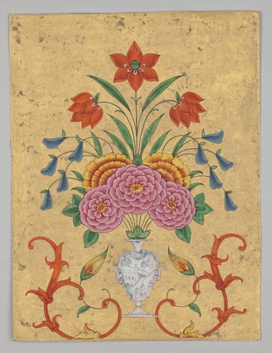 Vase with flower arrangement and scrollwork by Unknown, painting, 1750-1800