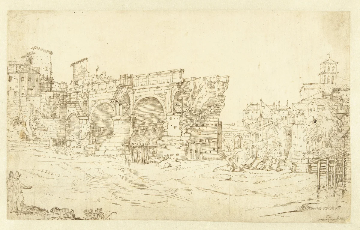 Ponte Rotto te Rome by Guilliam van Nieulandt, drawing, 1599-1604