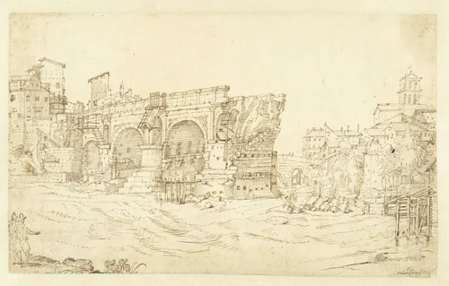Ponte Rotto te Rome by Guilliam van Nieulandt, drawing, 1599-1604