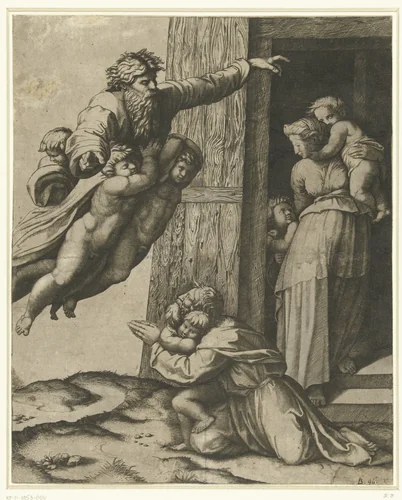 God verschijnt aan Noach na de zondvloed by Marcantonio Raimondi, print, 1513-1515