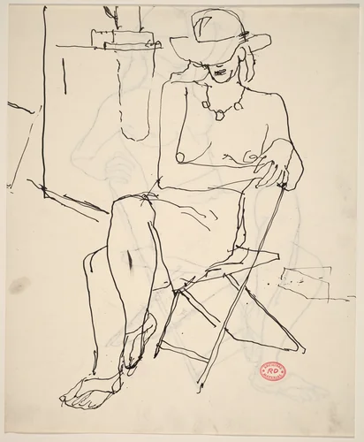 Untitled [partially nude woman seated wearing a hat and necklace] [recto] by Richard Diebenkorn, drawing, 1955-1967