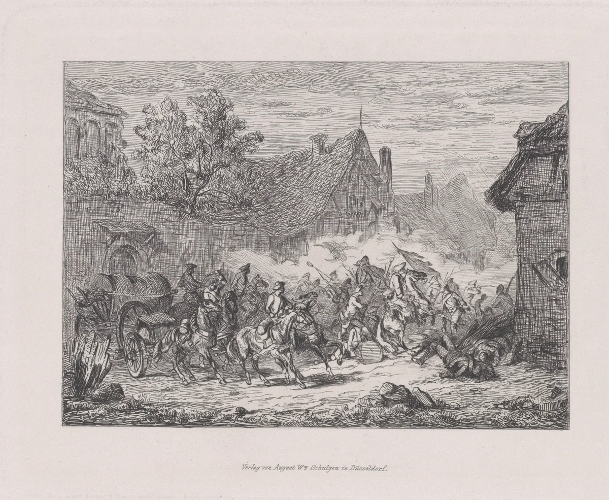 Military scene with a battle in a village by August Beck, print, 1835-1865