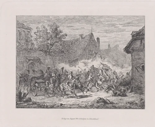 Military scene with a battle in a village by August Beck, print, 1835-1865