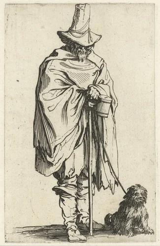 Bedelaar met een stok, een spaarpot en een hond by Jacques Callot, print, 1622-1623
