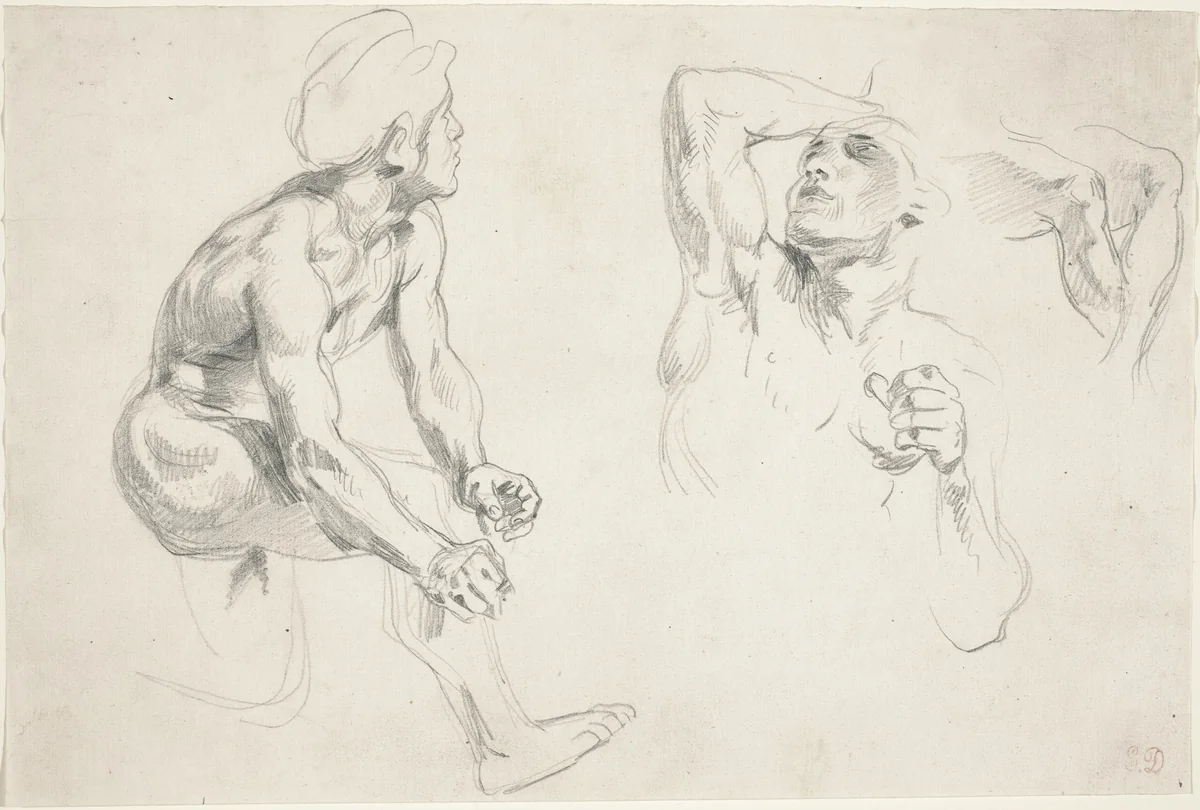 Male Nude Posing for Figures in the "Frise de la Guerre" by Eugène Delacroix, drawing, 1798-1863