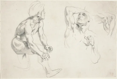 Male Nude Posing for Figures in the "Frise de la Guerre" by Eugène Delacroix, drawing, 1798-1863