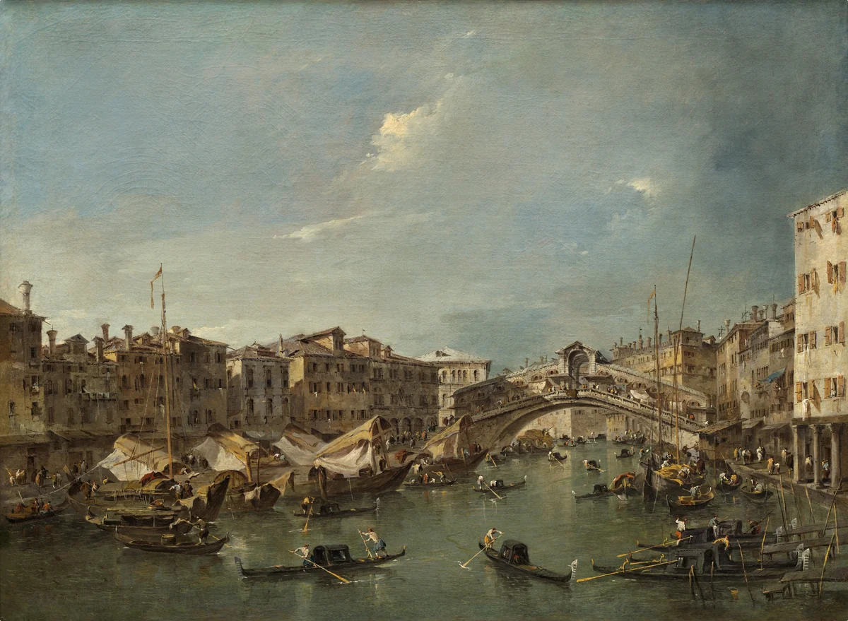Grand Canal with the Rialto Bridge, Venice by Francesco Guardi, painting, 1780