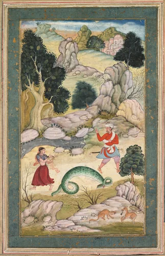 Lovers parting, page from a book of fables by Unknown, painting, 1585-1595