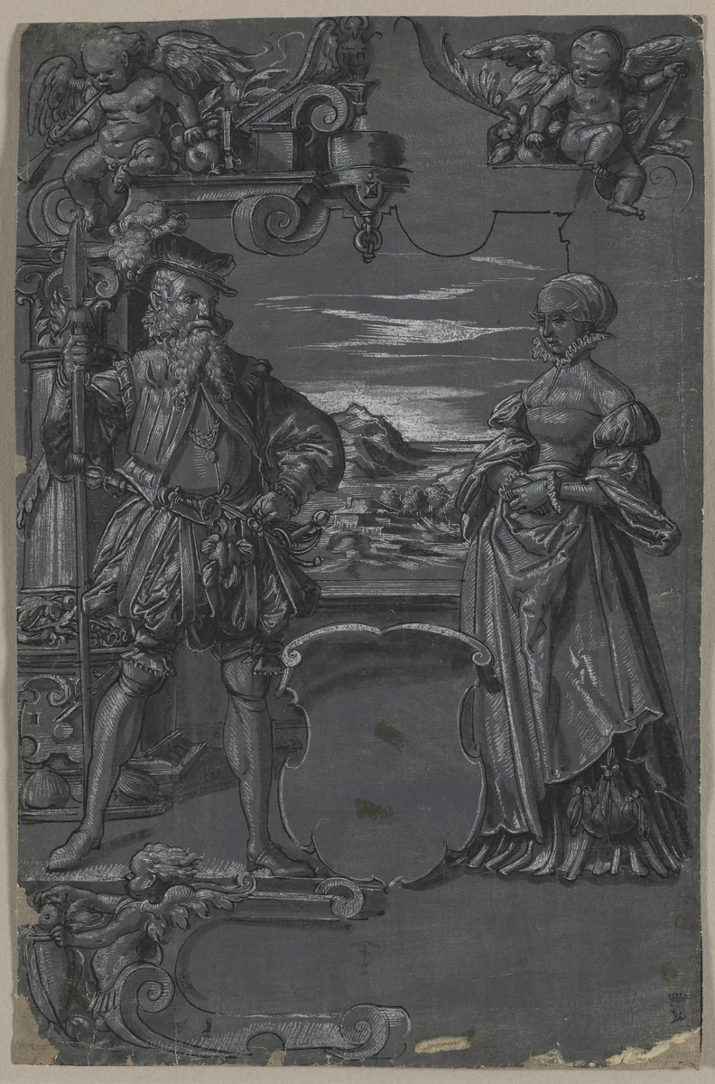 Design for Glass Painting: Man and Woman in Architectural Setting by Tobias Stimmer, drawing, 1539-1584
