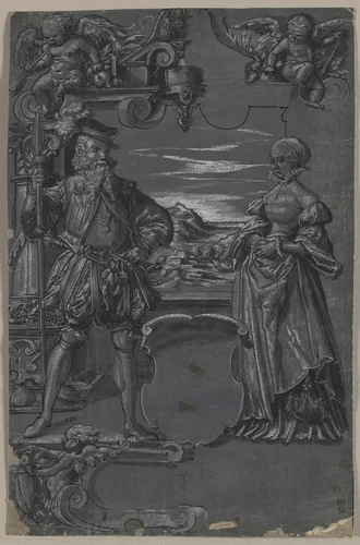 Design for Glass Painting: Man and Woman in Architectural Setting by Tobias Stimmer, drawing, 1539-1584