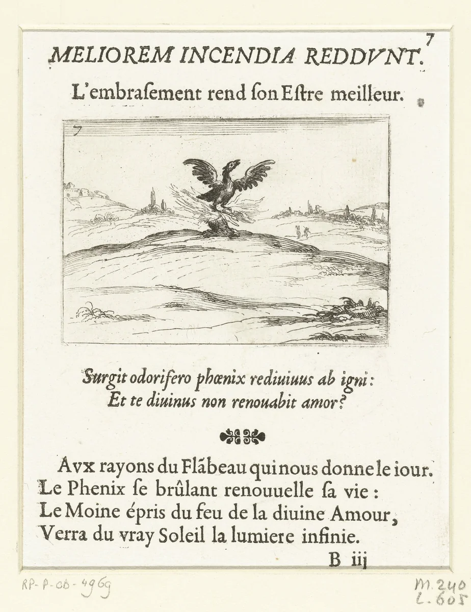 Feniks in het vuur by Jacques Callot, print, 1621-1635