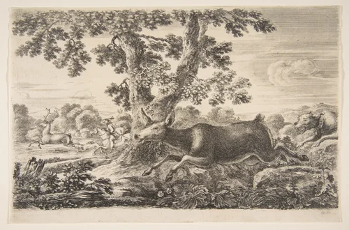 Deer hunt, from 'Animal hunts' (Chasses à différents animaux) by Stefano della Bella, print, 1649-1659