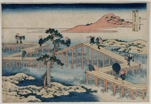An Ancient Picture of the Eight Part Bridge in Mikawa Province (from the series Curious Views of Famous Bridges in the Provinces) by Katsushika Hokusai (葛飾 北斎), print, 1830-1834
