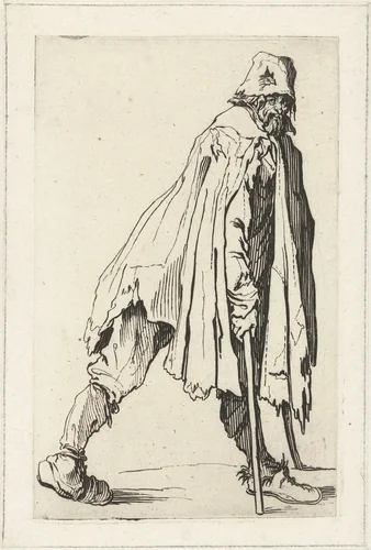 Bedelaar met krukken, op de rechterzijde gezien by Jacques Callot, print, 1622-1623