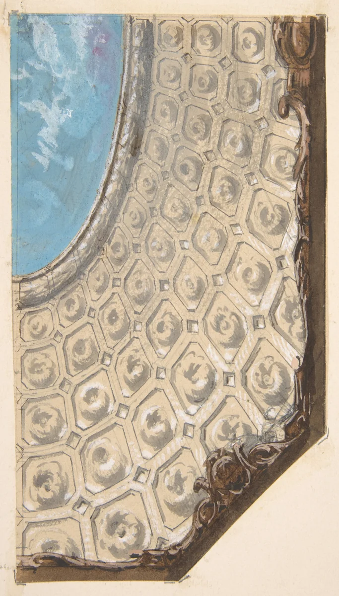 Design for a coffered ceiling with a central oval painted in clouds by Jules-Edmond-Charles Lachaise, drawing, 1830-1897