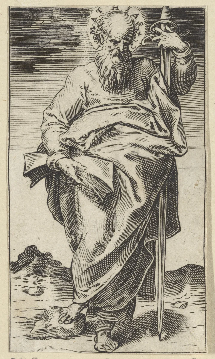 Apostel Mattias met een zwaard by Agostino Carracci, print, 1583