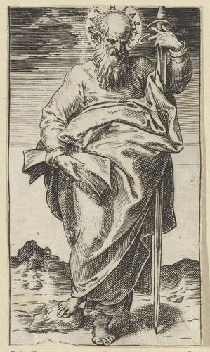 Apostel Mattias met een zwaard by Agostino Carracci, print, 1583