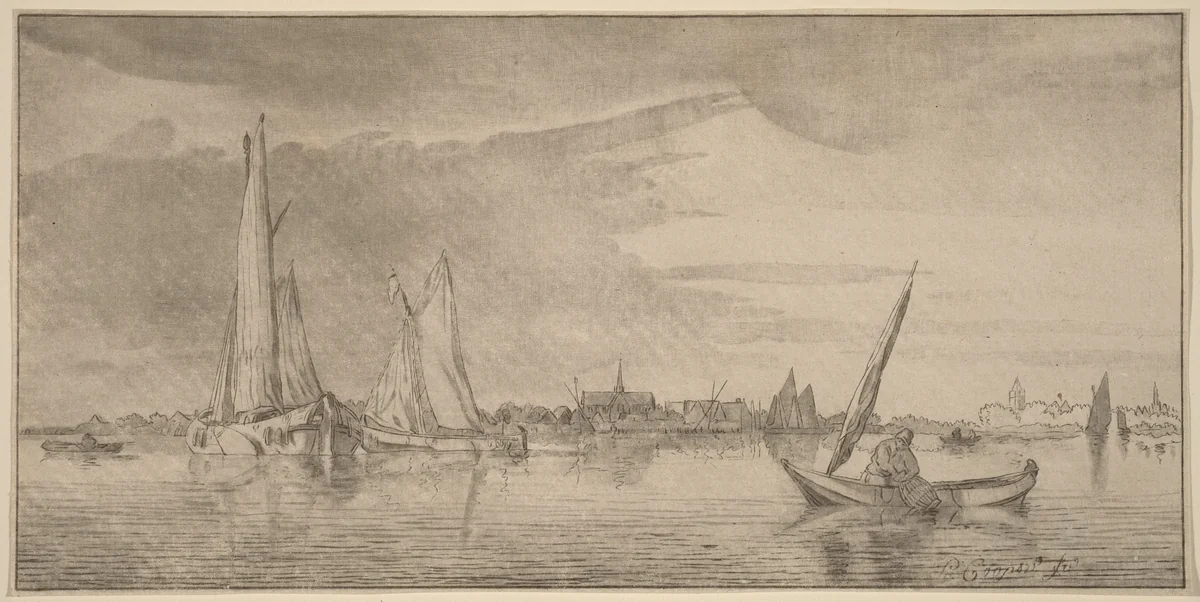 River with Town by Cornelis Ploos van Amstel, print, 1775