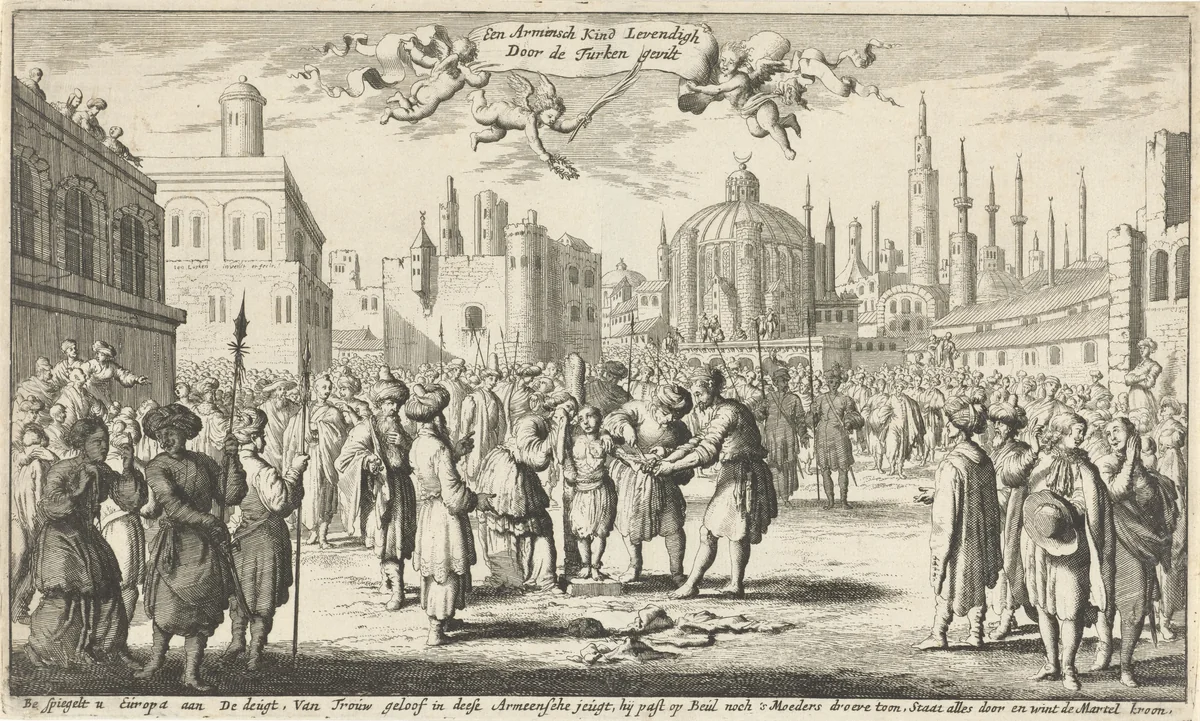 Armeens kind levend door de Turken gevild by Jan Luyken, print, 1681